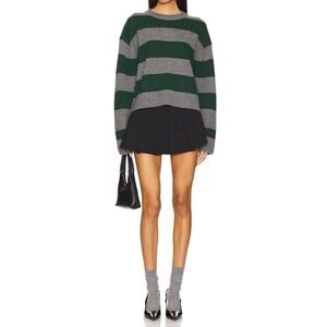 White + Warren Cashmere Stripped Crewneck Graphite/Emerald Medium NWT